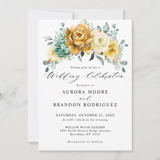 Mustard Yellow Floral Sage Greenery Modern Wedding Kaart (Voorkant)