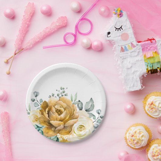 Mustard Yellow Floral Sage Greenery Modern Wedding Papieren Bordje (Feest)