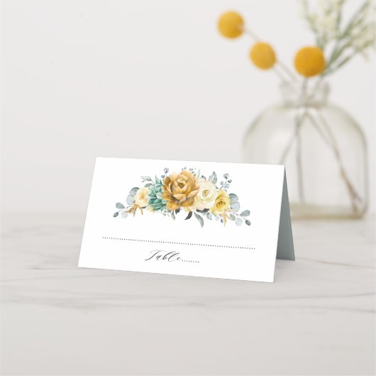 Mustard Yellow Floral Sage Greenery Modern Wedding Plaatskaartje (Voorkant)