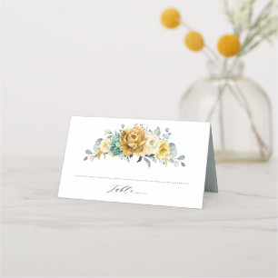 Mustard Yellow Floral Sage Greenery Modern Wedding Plaatskaartje