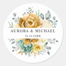 Mustard Yellow Floral Sage Greenery Modern Wedding Ronde Sticker