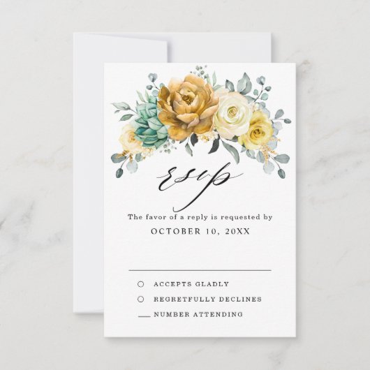 Mustard Yellow Floral Sage Greenery Modern Wedding RSVP Kaartje (Voorkant)