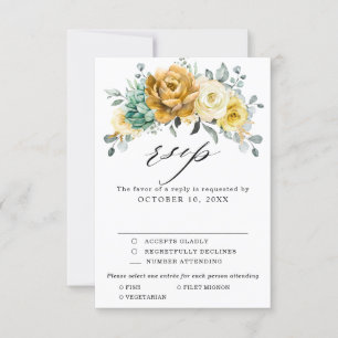 Mustard Yellow Floral Sage Greenery Modern Wedding RSVP Kaartje