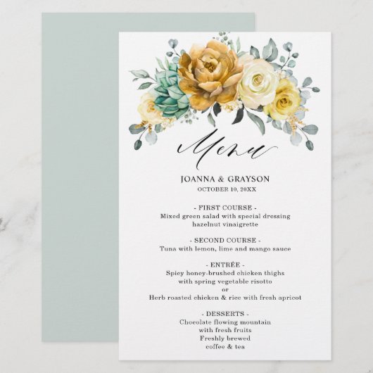 Mustard Yellow Floral Sage Greenery Wedding Menu (Voorkant / Achterkant)