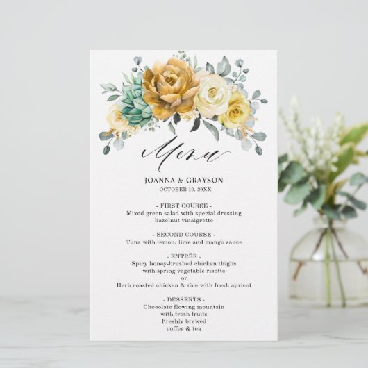 Mustard Yellow Floral Sage Greenery Wedding Menu (Staand voorkant)