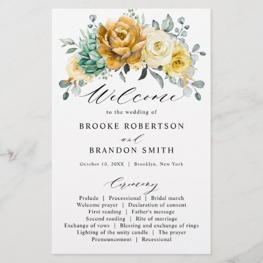 Mustard Yellow Floral Sage Modern Wedding Programm (Voorkant)