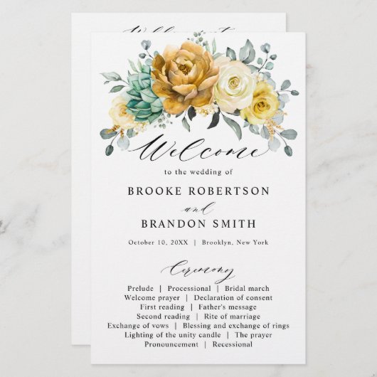 Mustard Yellow Floral Sage Modern Wedding Programm (Voorkant / Achterkant)