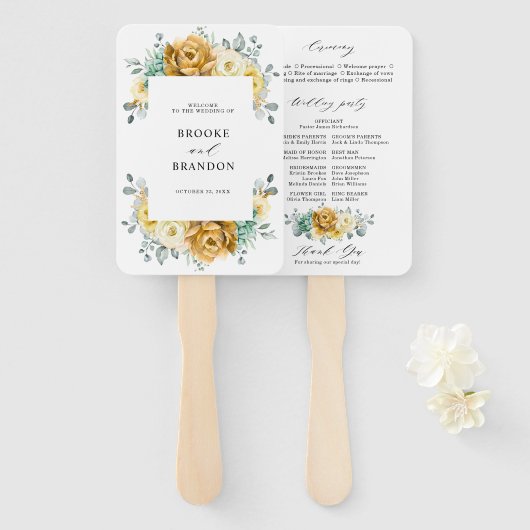 Mustard Yellow Floral Sage Modern Wedding Programm Handwaaier (Voorkant en achterkant)