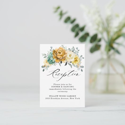 Mustard Yellow Floral Sage Weddenschap Reception Informatiekaartje (Staand voorkant)