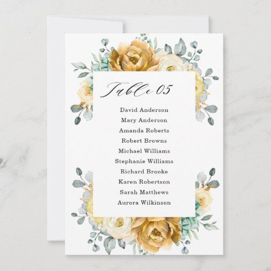 Mustard Yellow Floral Sage Wedding Seding Chart Kaart (Voorkant)