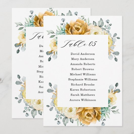 Mustard Yellow Floral Sage Wedding Seding Chart Kaart (Voorkant / Achterkant)