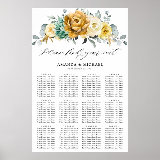 Mustard Yellow Floral Sage Wedding Seding Chart Poster (Voorkant)