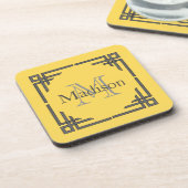 Mustard Yellow Grey Geometric Border Monogram Naam Drankjes Onderzetter (Linkerzijde)