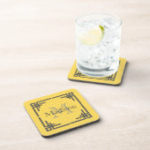 Mustard Yellow Grey Geometric Border Monogram Naam Drankjes Onderzetter (Rechterzijde)
