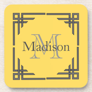 Mustard Yellow Grey Geometric Border Monogram Naam Drankjes Onderzetter
