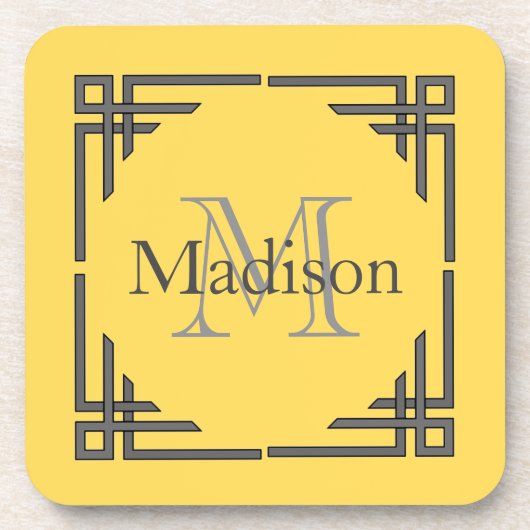 Mustard Yellow Grey Geometric Border Monogram Naam Drankjes Onderzetter (Voorkant)