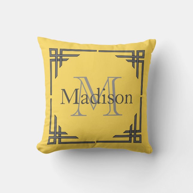 Mustard Yellow Grey Geometric Border Monogram Naam Kussen (Voorkant)