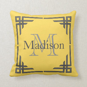 Mustard Yellow Grey Geometric Border Monogram Naam Kussen