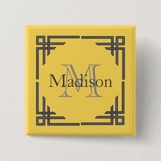 Mustard Yellow Grey Geometric Border Monogram Naam Vierkante Button 5,1 Cm (Voorkant)