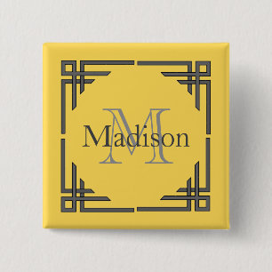 Mustard Yellow Grey Geometric Border Monogram Naam Vierkante Button 5,1 Cm