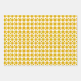 Mustard Yellow Heart Plaid Gingham Retro Color Inpakpapier Vel