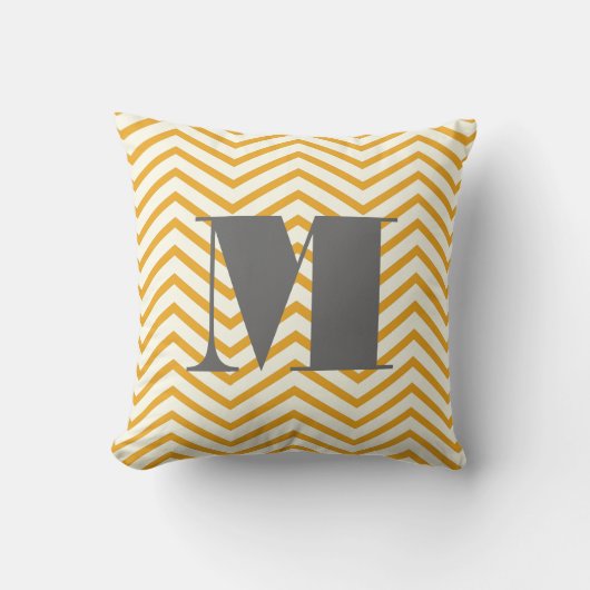 Mustard Yellow Ivory en Gray Monogram Zig Zag Kussen (Voorkant)