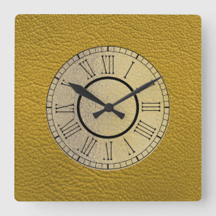 Mustard Yellow Leather w/ Gold en Roman Numeriek Vierkante Klok