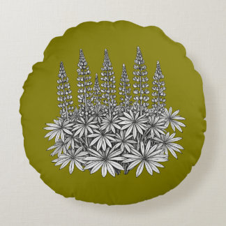 Mustard Yellow Lupine Floral Round Pillow Rond Kussen