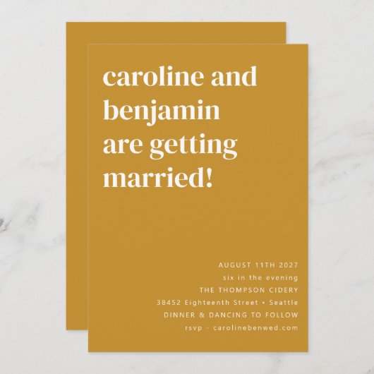 Mustard Yellow Modern minimal in één bruiloft Kaart (Voorkant / Achterkant)