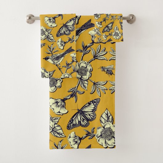 Mustard Yellow & Navy Birds, Butterflies & Flowers Bad Handdoek (Insitu)