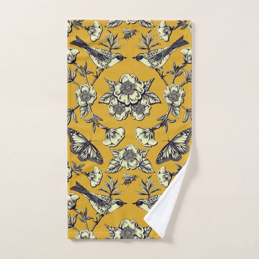 Mustard Yellow & Navy Birds, Butterflies & Flowers Bad Handdoek (Handdoek)