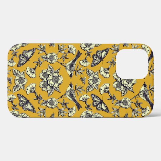 Mustard Yellow & Navy Birds, Butterflies & Flowers Case-Mate iPhone Case (Achterkant (horizontaal))