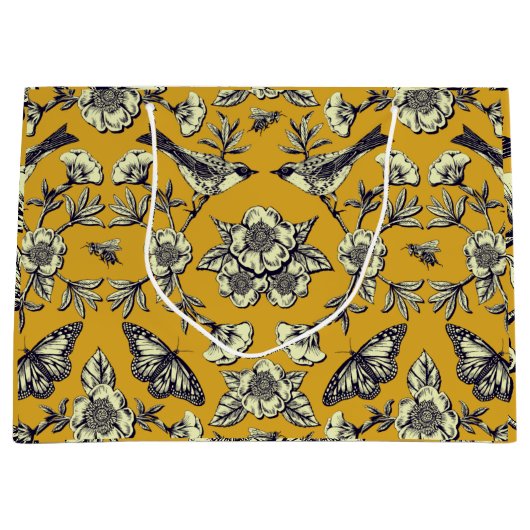 Mustard Yellow & Navy Birds, Butterflies & Flowers Groot Cadeauzakje (Voorkant)