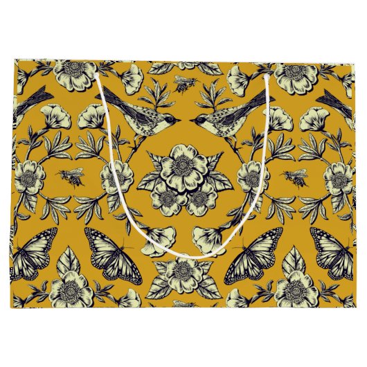 Mustard Yellow & Navy Birds, Butterflies & Flowers Groot Cadeauzakje (Achterkant)