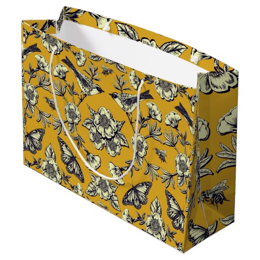 Mustard Yellow & Navy Birds, Butterflies & Flowers Groot Cadeauzakje (Achterkant Gekanteld)