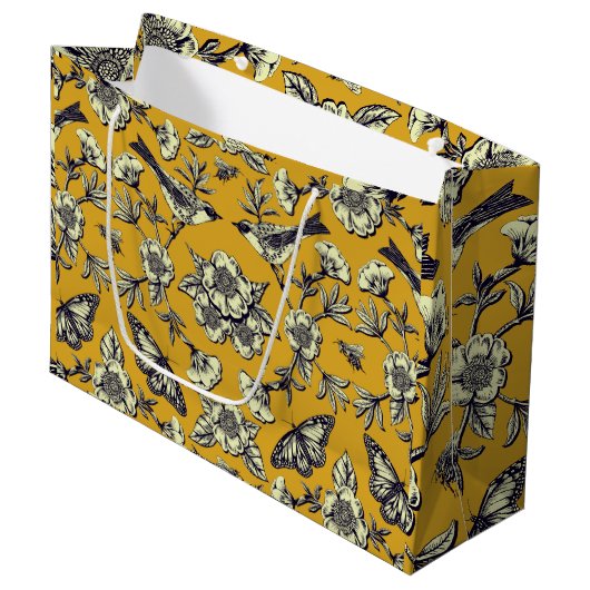 Mustard Yellow & Navy Birds, Butterflies & Flowers Groot Cadeauzakje (Voorkant Gekanteld)