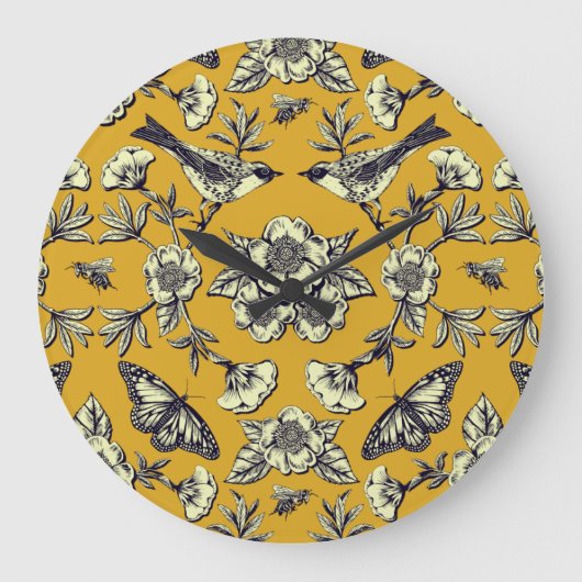 Mustard Yellow & Navy Birds, Butterflies & Flowers Grote Klok (Voorkant)