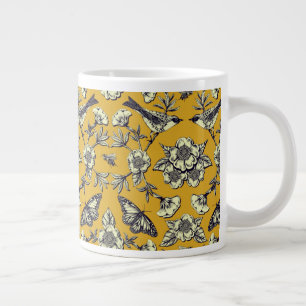 Mustard Yellow & Navy Birds, Butterflies & Flowers Grote Koffiekop