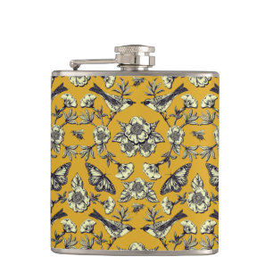 Mustard Yellow & Navy Birds, Butterflies & Flowers Heupfles
