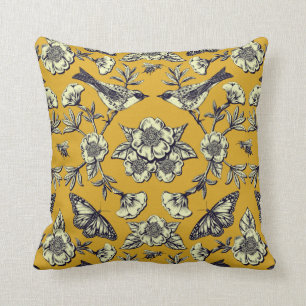 Mustard Yellow & Navy Birds, Butterflies & Flowers Kussen