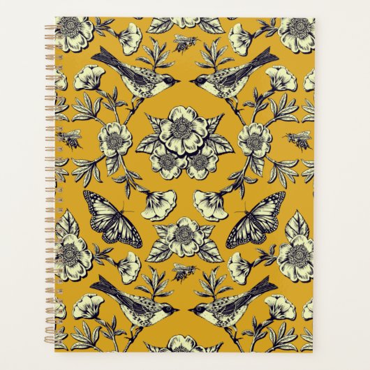 Mustard Yellow & Navy Birds, Butterflies & Flowers Planner (Voorkant)
