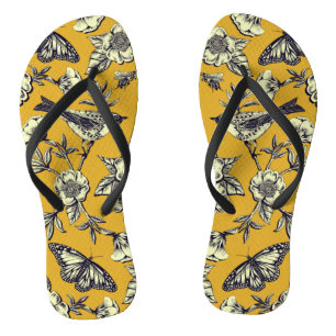 Mustard Yellow & Navy Birds, Butterflies & Flowers Teenslippers
