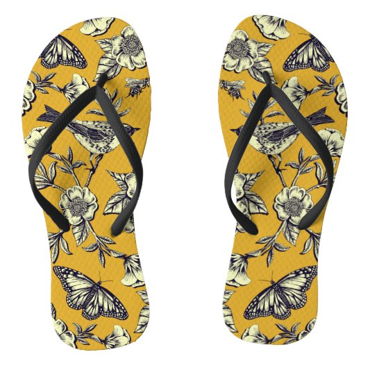 Mustard Yellow & Navy Birds, Butterflies & Flowers Teenslippers (Voetbed)