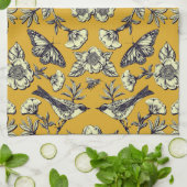 Mustard Yellow & Navy Birds, Butterflies & Flowers Theedoek (Gevouwen)