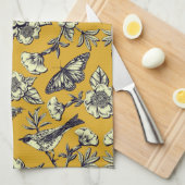Mustard Yellow & Navy Birds, Butterflies & Flowers Theedoek (Quarter Fold)