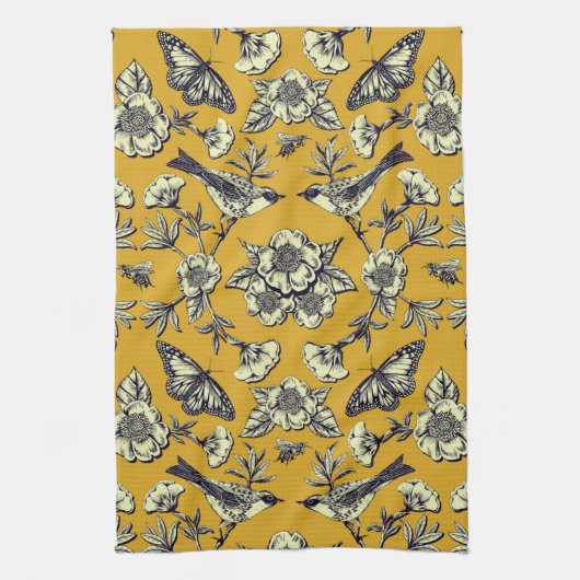 Mustard Yellow & Navy Birds, Butterflies & Flowers Theedoek (Verticaal)