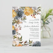 Mustard Yellow Navy Blue Waterverf Floral Wedding Kaart (Staand voorkant)
