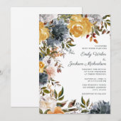 Mustard Yellow Navy Blue Waterverf Floral Wedding Kaart (Voorkant / Achterkant)