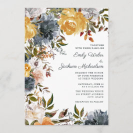 Mustard Yellow Navy Blue Waterverf Floral Wedding Kaart
