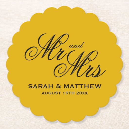 Mustard yellow personalized wedding coasters kartonnen onderzetters (Voorkant)